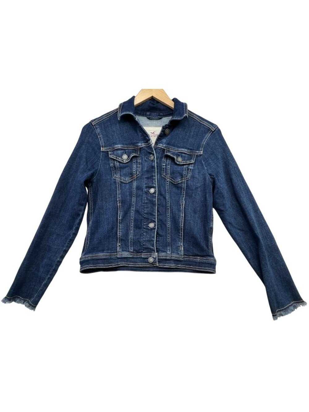 Hollister Women's Button Front Denim Jacket Long Sleeve Size M Blue Dark Wash